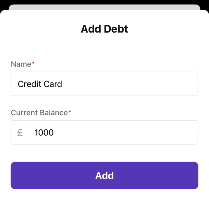 Screenshot showing creating a debt