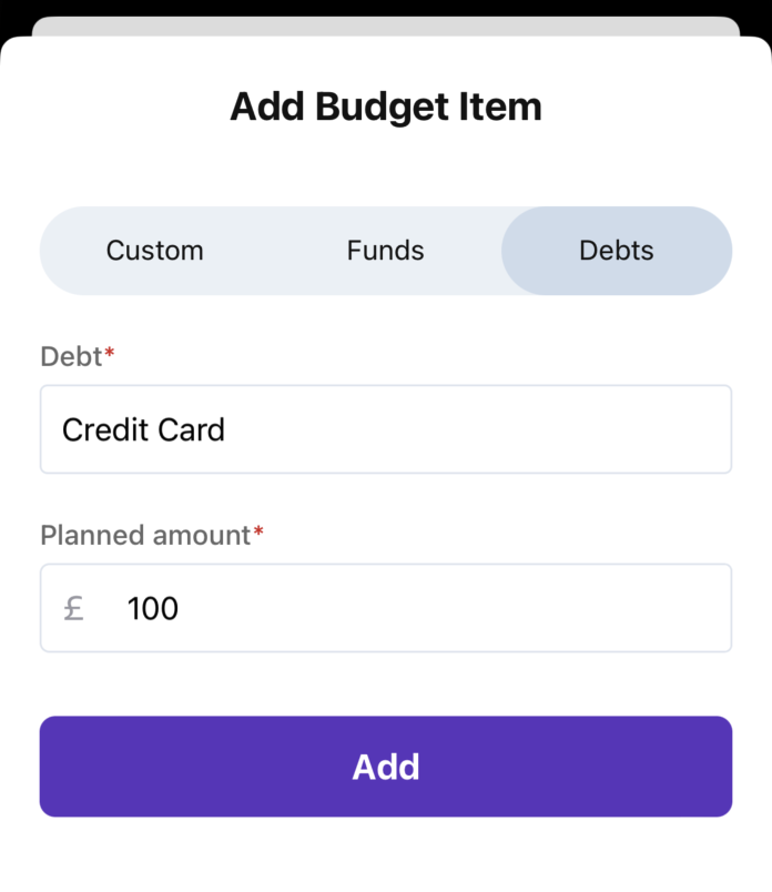 Screenshot showing adding a debt to a budget