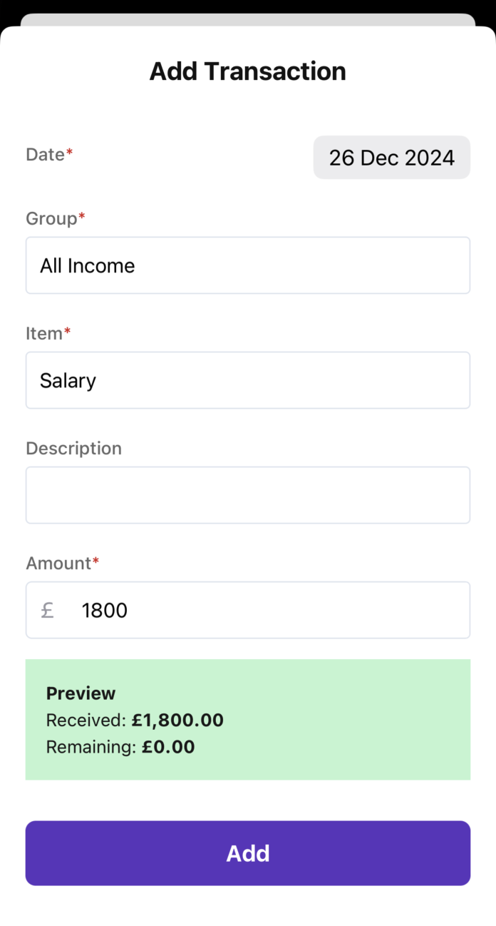Screenshot showing adding an income transaction