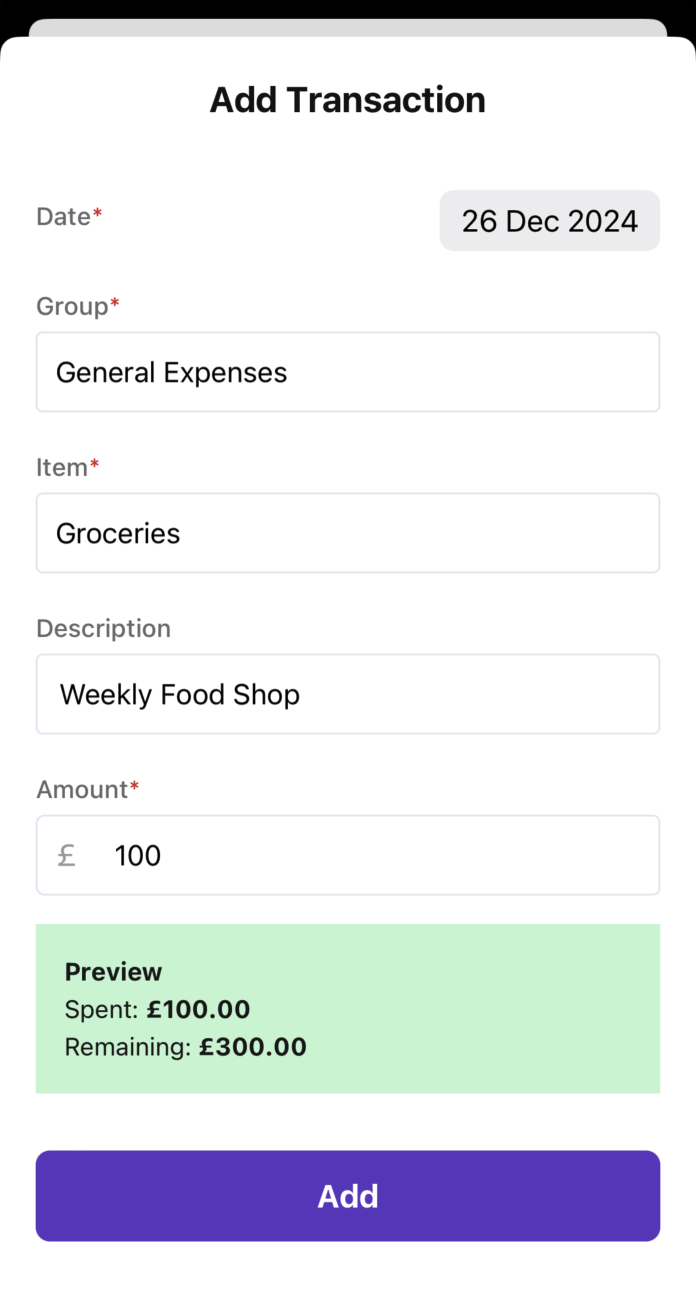 Screenshot showing adding an outgoing transaction