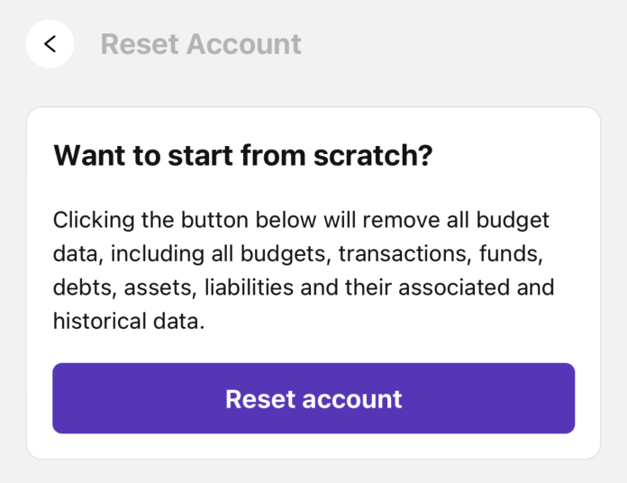 Screenshot showing reset account option