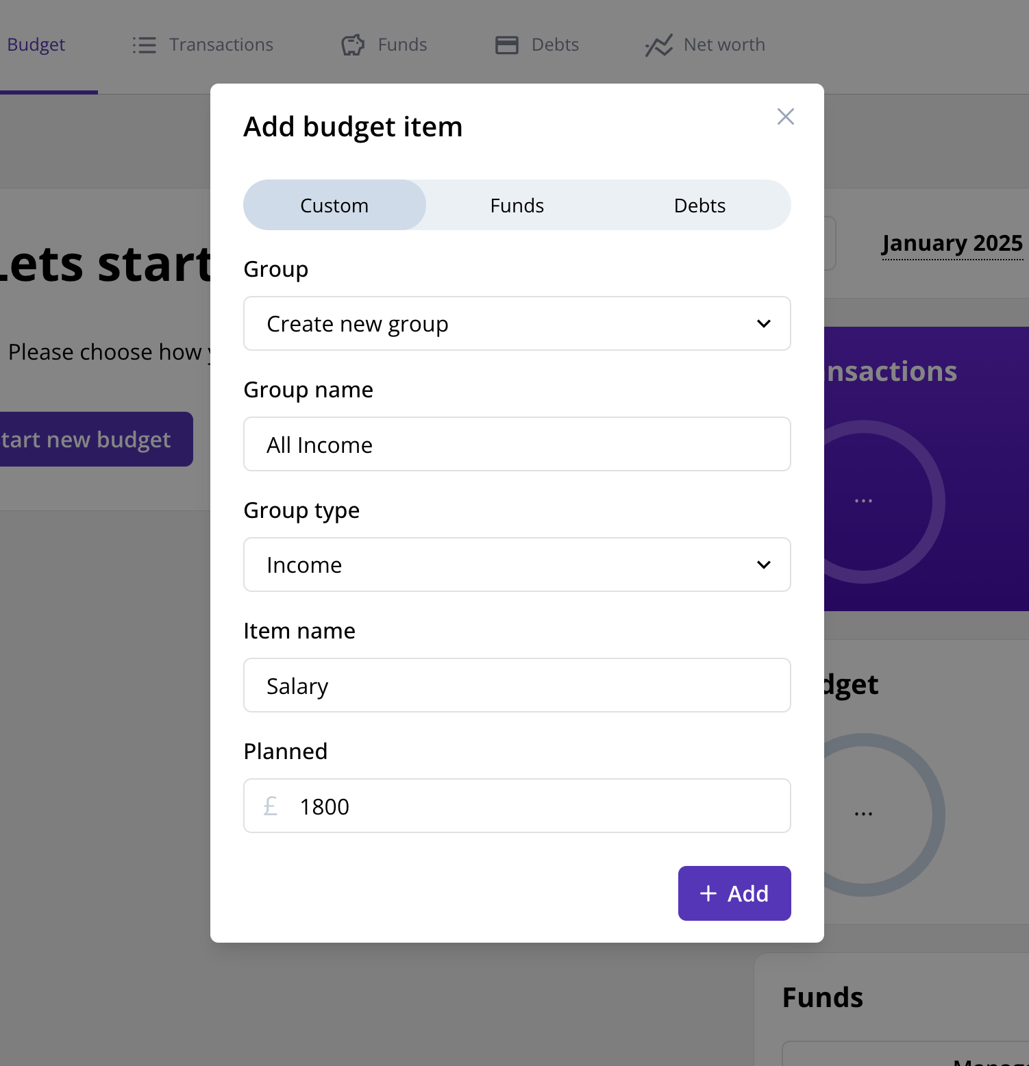 Screenshot showing creating a group and item