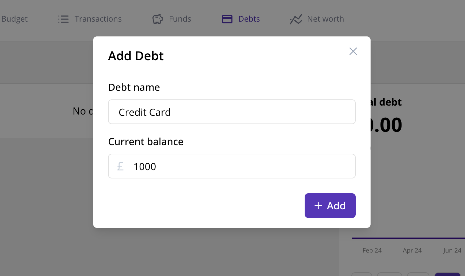 Screenshot showing creating a debt