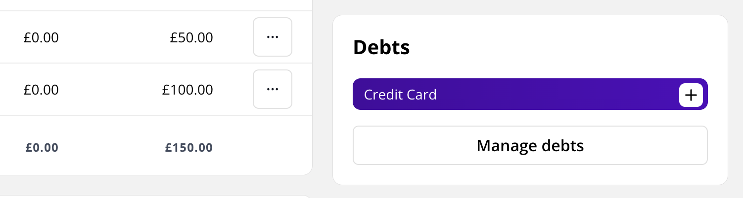 Screenshot showing adding a debt to a budget