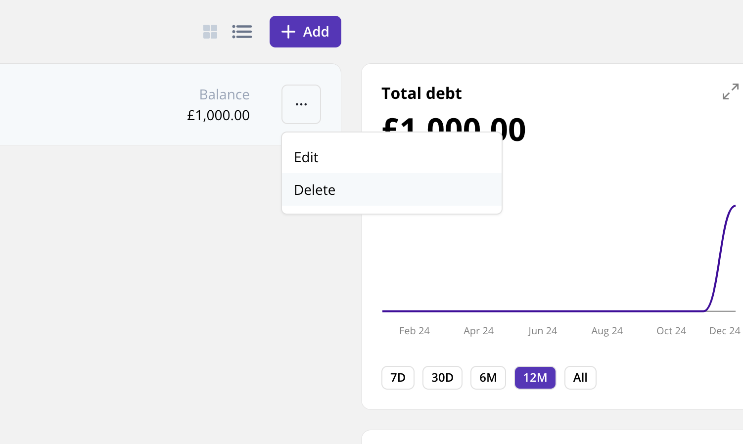 Screenshot showing deleting a debt