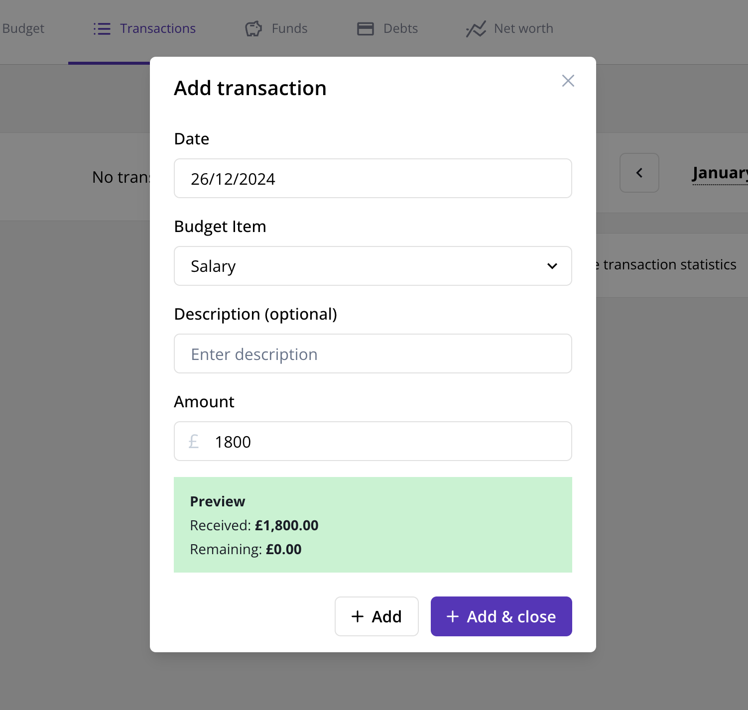 Screenshot showing adding an income transaction