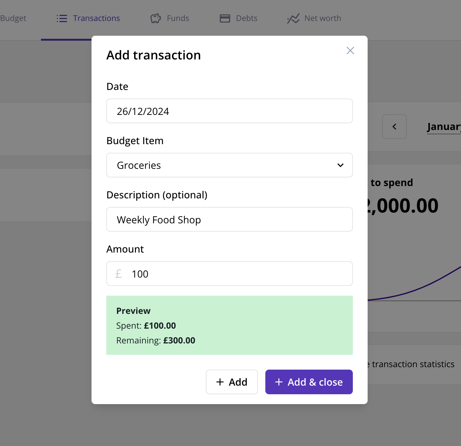 Screenshot showing adding an outgoing transaction