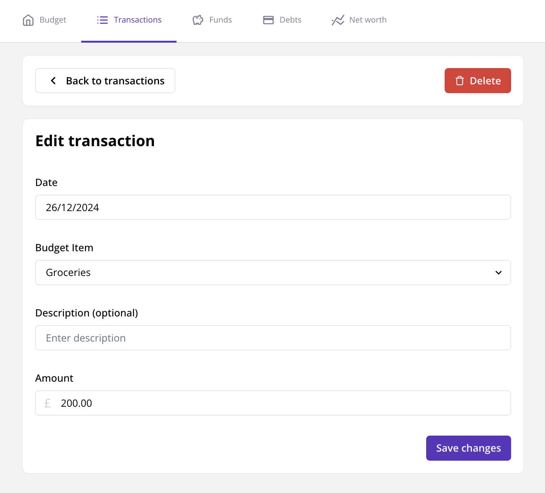 Screenshot showing editing a transaction