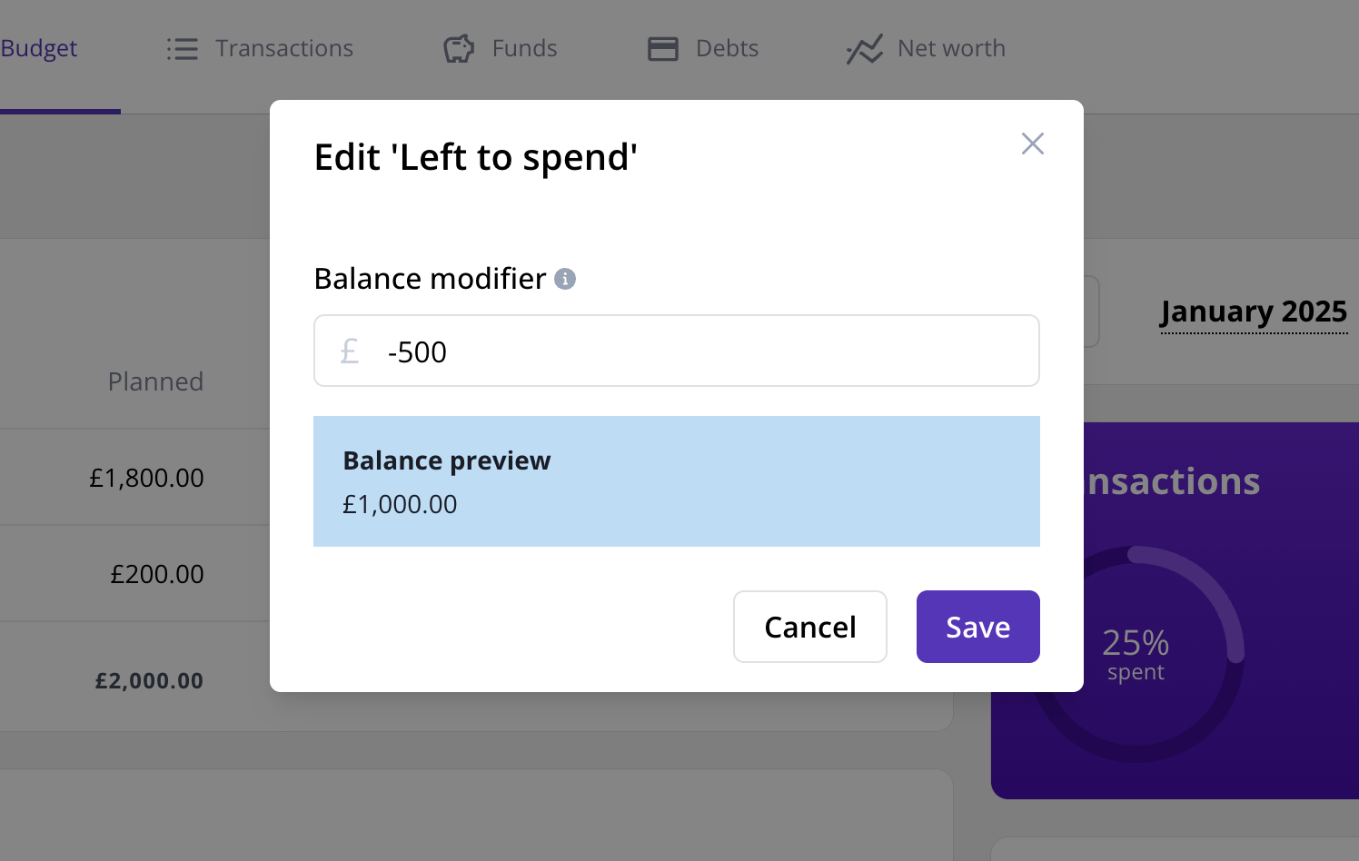 Screenshot showing balance modifier