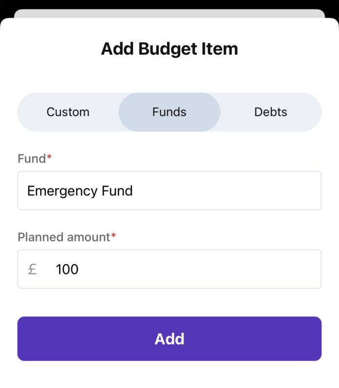 Screenshot showing adding a fund to a budget
