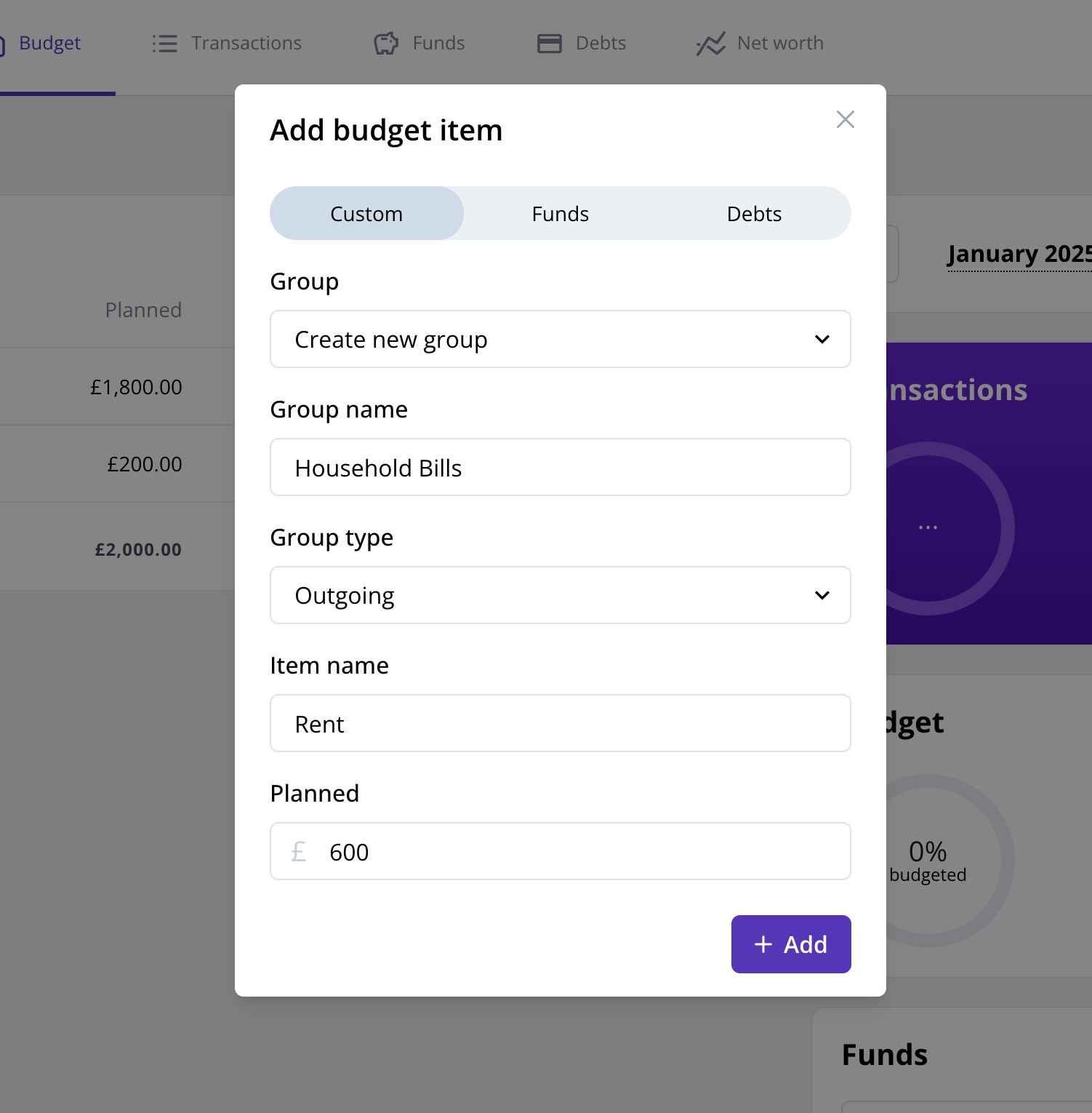 Screenshot showing adding an outgoing group and item